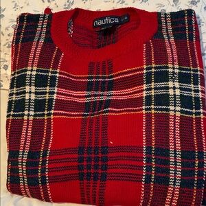 Nautica Men's Red and Green Plaid Crewneck Sweater